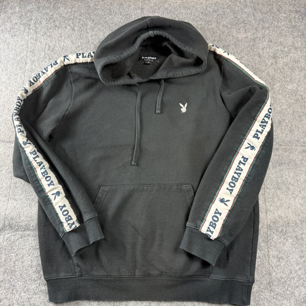 Playboy x Pacsun Black Hoodie with Bunny Logo and Striped Sleeves Men's M Defect
